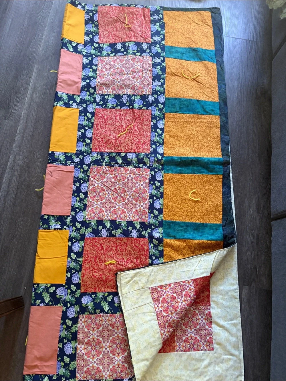 Handmade Multicolor Patchwork Quilt - Red, Yellow, Teal Accents